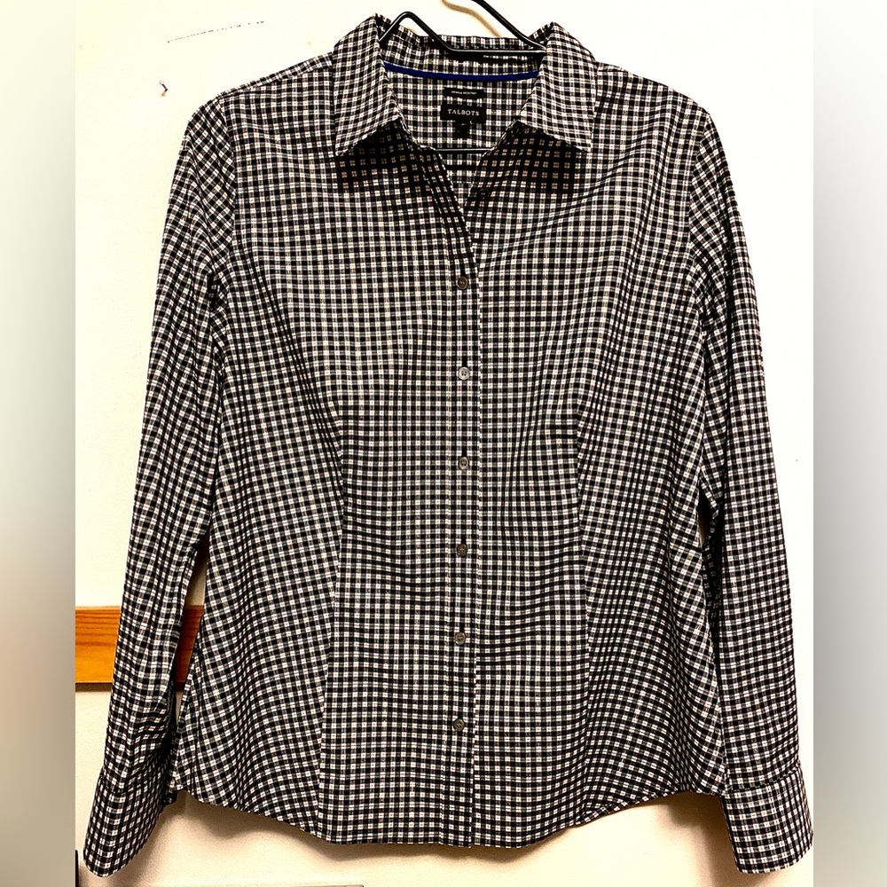 NWOT TALBOTS "Perfect Shirt" B&W Gingham w/Gold Accent Thread